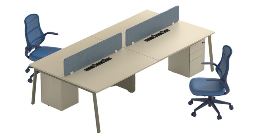 Kori bench workstations with blue screens and chairs — UA Office
